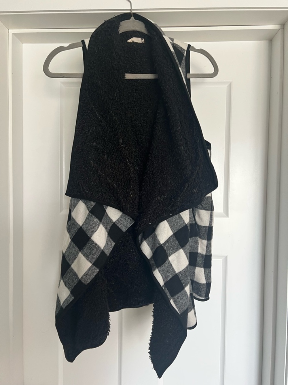 Black & White Plaid Open Front Vest - Women's Cozy Layering